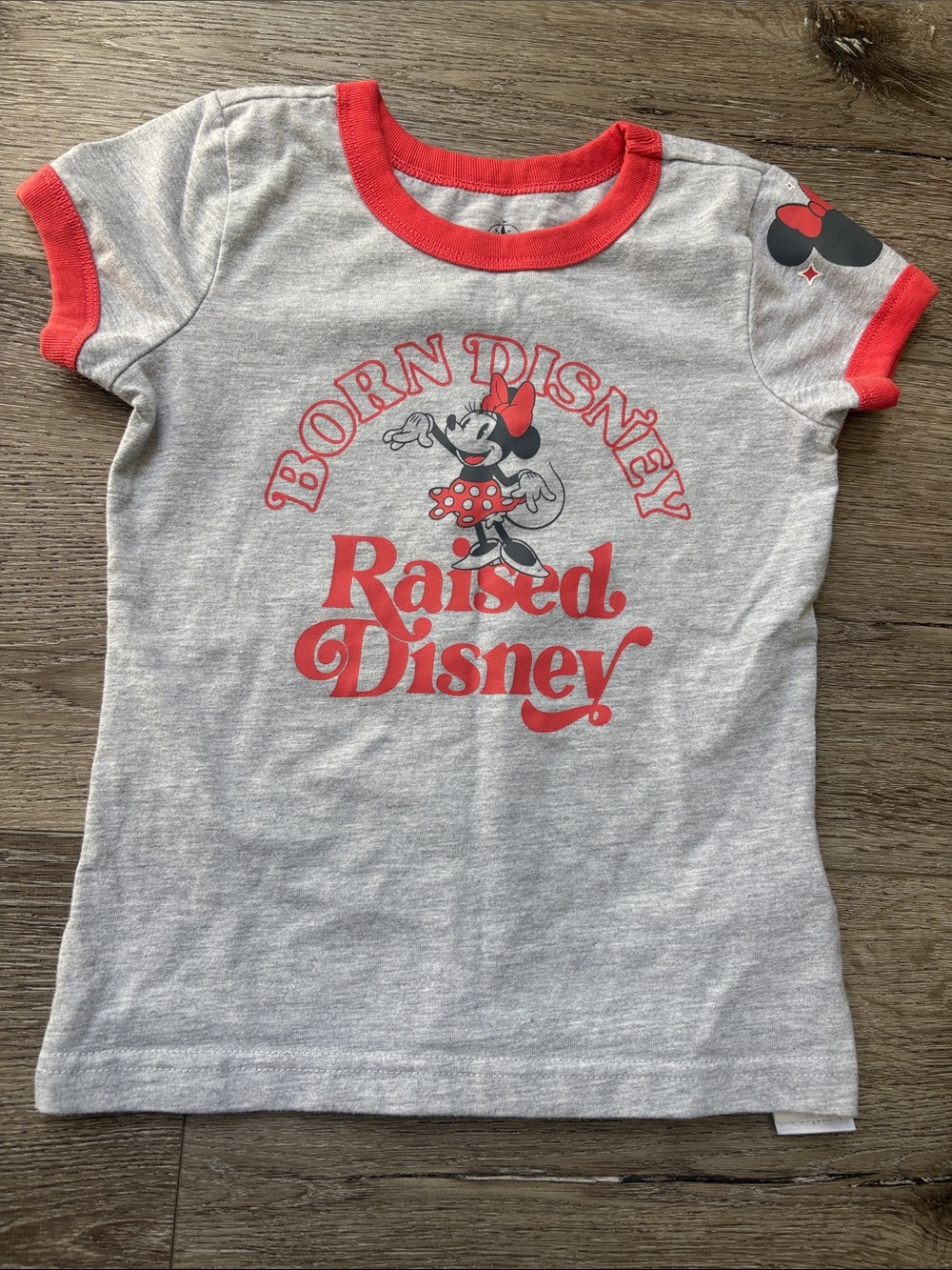 Girls Disney Gray Tee with Red Minnie Graphic and Trim
